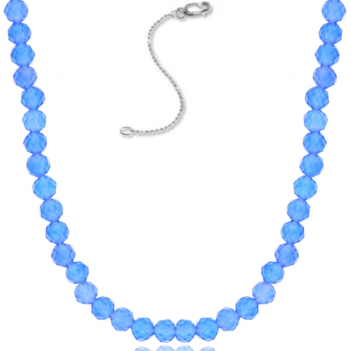 Sterling Silver Rhodium 3mm Rondelle Blue Agate Beaded 16"+2" Necklace