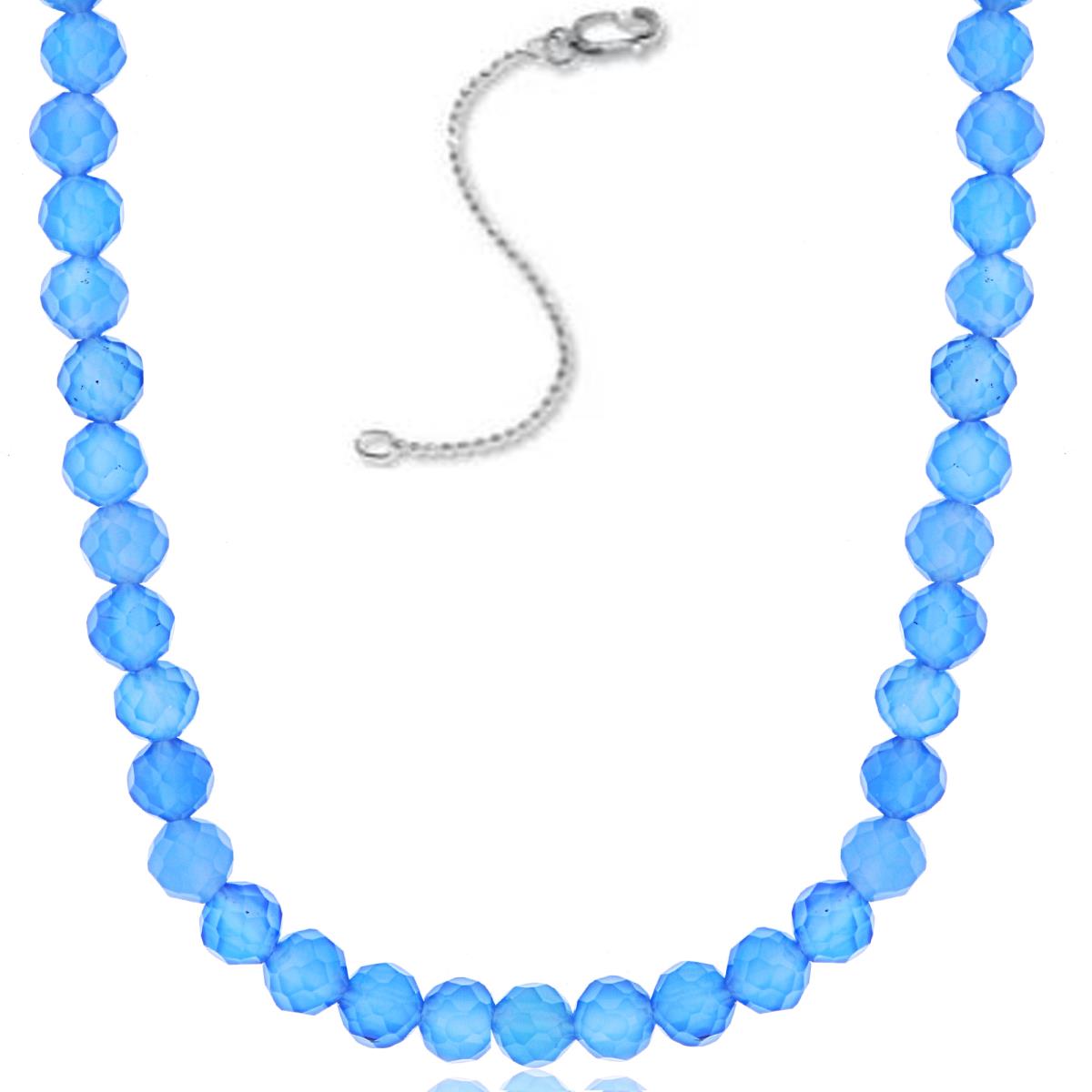 Sterling Silver Rhodium 4mm Rondelle Blue Agate Beaded 16"+2" Necklace