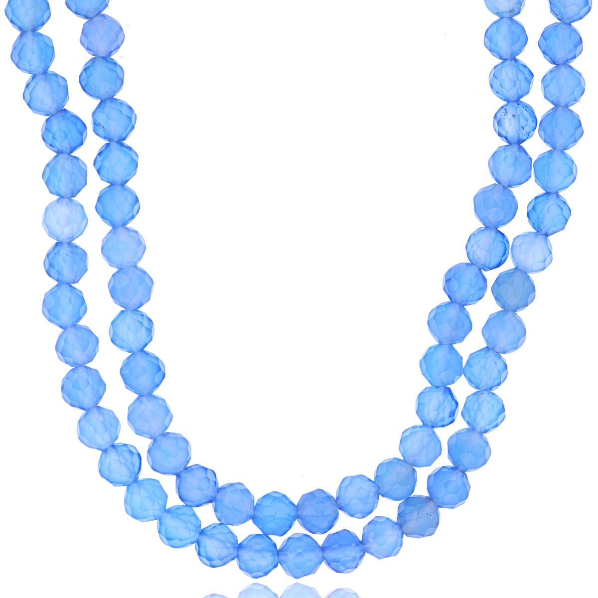 Sterling Silver Rhodium 4mm Rondelle Blue Agate Beaded 2-Strand 20" Necklace