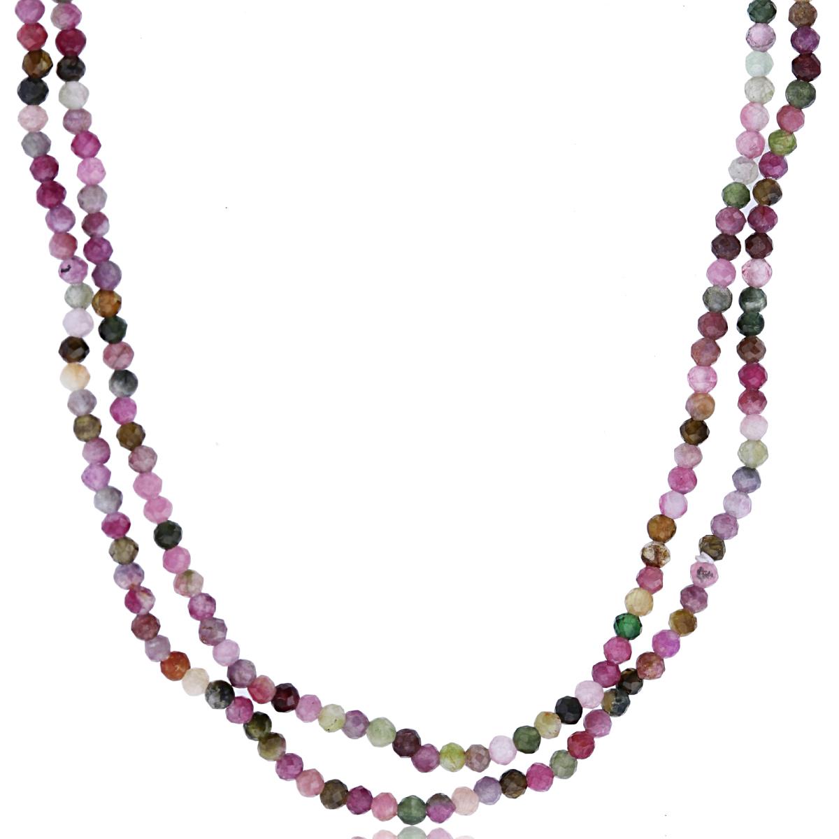 Sterling Silver Rhodium 2mm Rondelle Tourmaline Beaded 2-Strand 20" Necklace