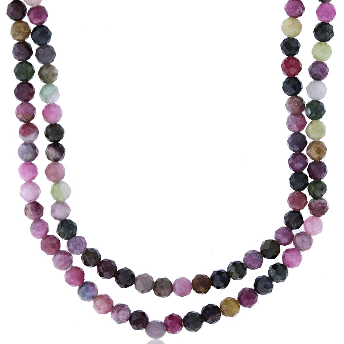 Sterling Silver Rhodium 3mm Rondelle Tourmaline Beaded 2-Strand 20" Necklace