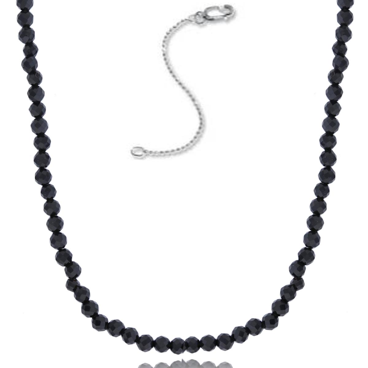 Sterling Silver Rhodium 2mm Rondelle Onyx Beaded 16"+2" Necklace