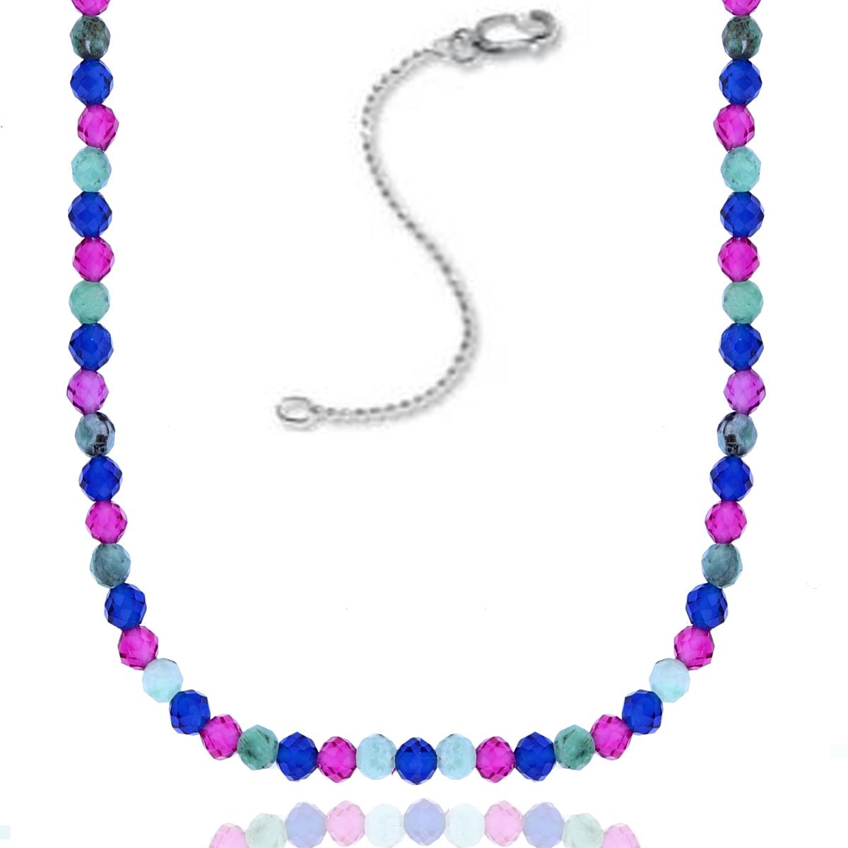 Sterling Silver Rhodium 2mm Rondelle Emerald/Dyed Ruby/Dyed Sapphire Beaded 16"+2" Necklace
