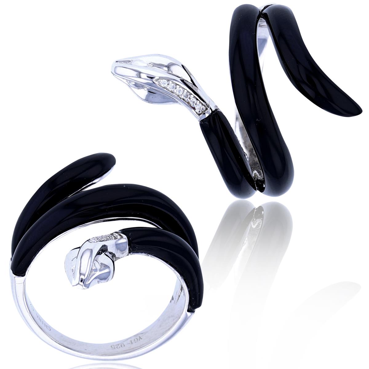 Sterling Silver Rhodium 0.02cttw Rnd Diamonds & Inlay Onyx Snake Ring