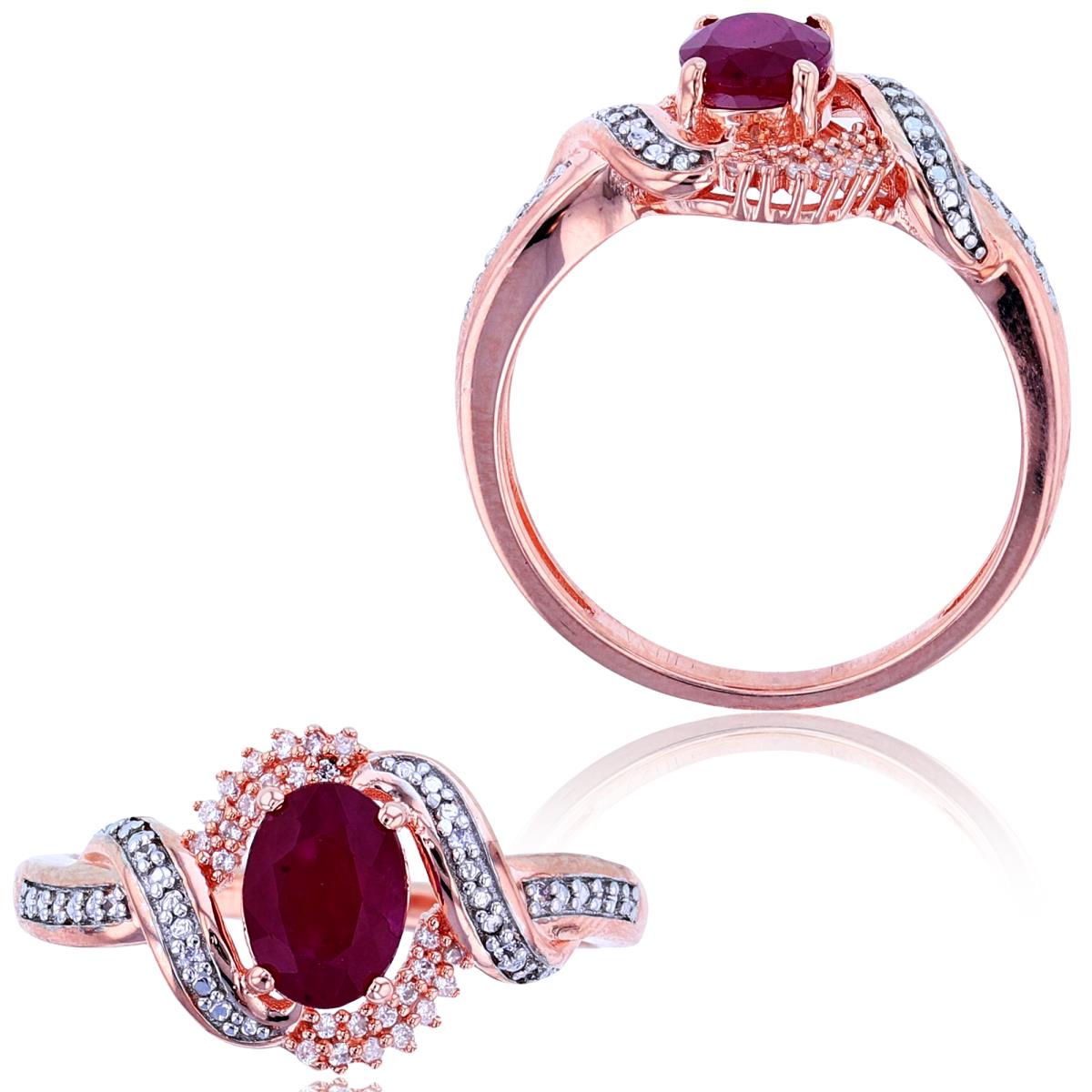 Sterling Silver+RG Plating Rnd CZ (0.102cttw) & 7x5mm Oval Ruby Ring