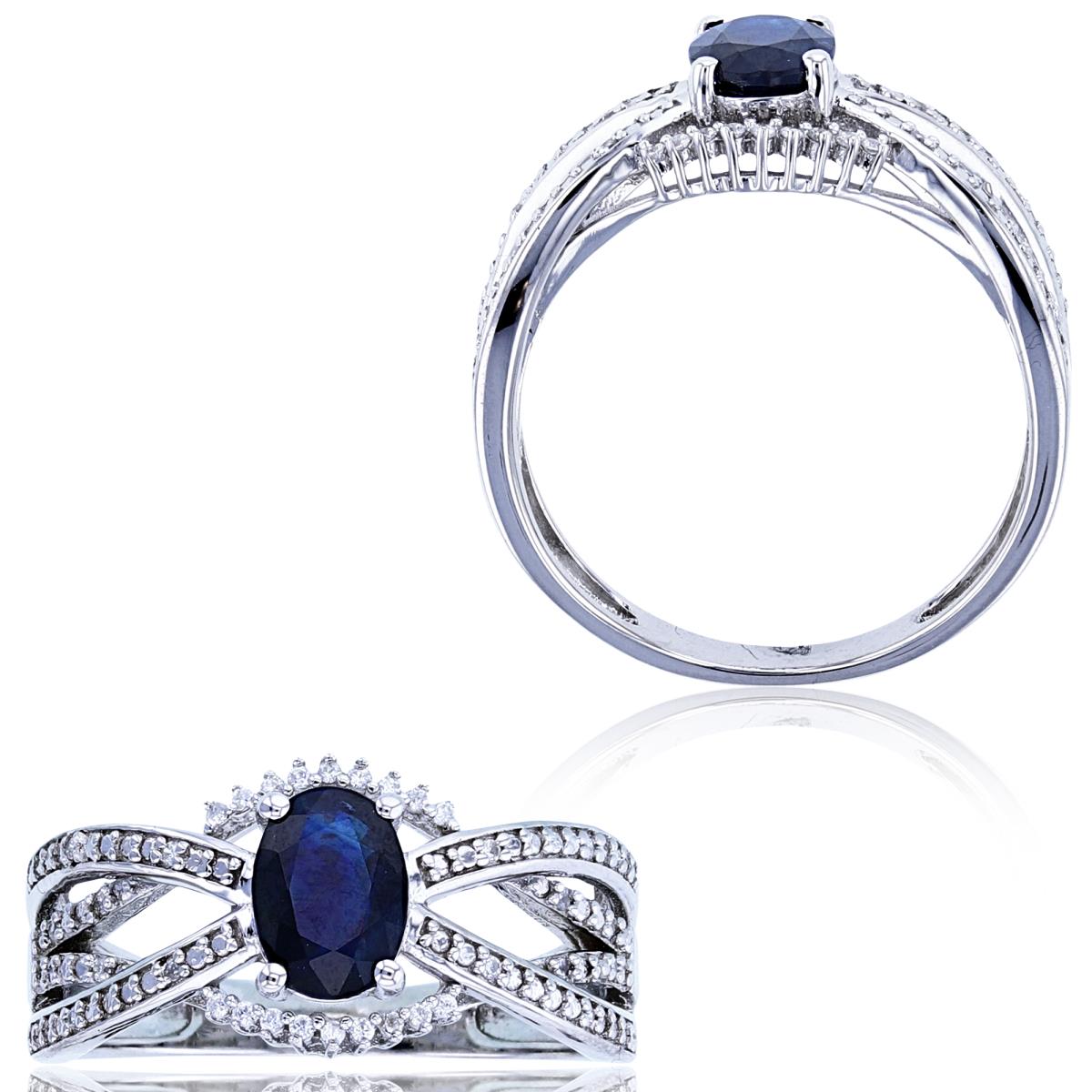 Sterling Silver Rhodium 0.102cttw Rnd Diamonds & 7x5mm Oval Sapphire Ring