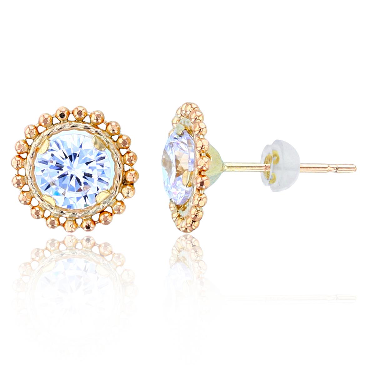 14K Yellow Gold 5mm Rnd White CZ Beaded Circle Studs with Silicon Backs