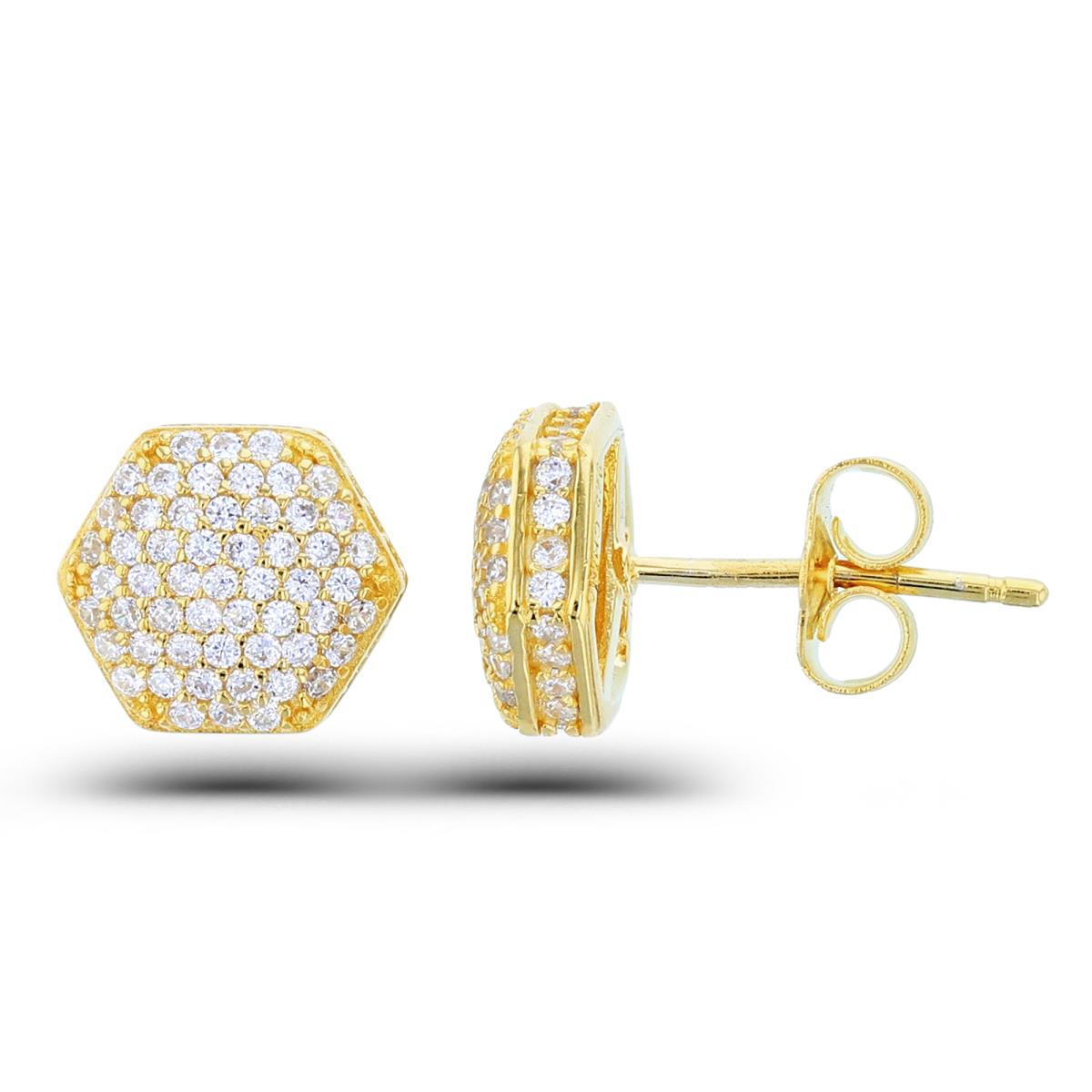 Sterling Silver Yellow Rnd CZ Pave Hexagon Studs