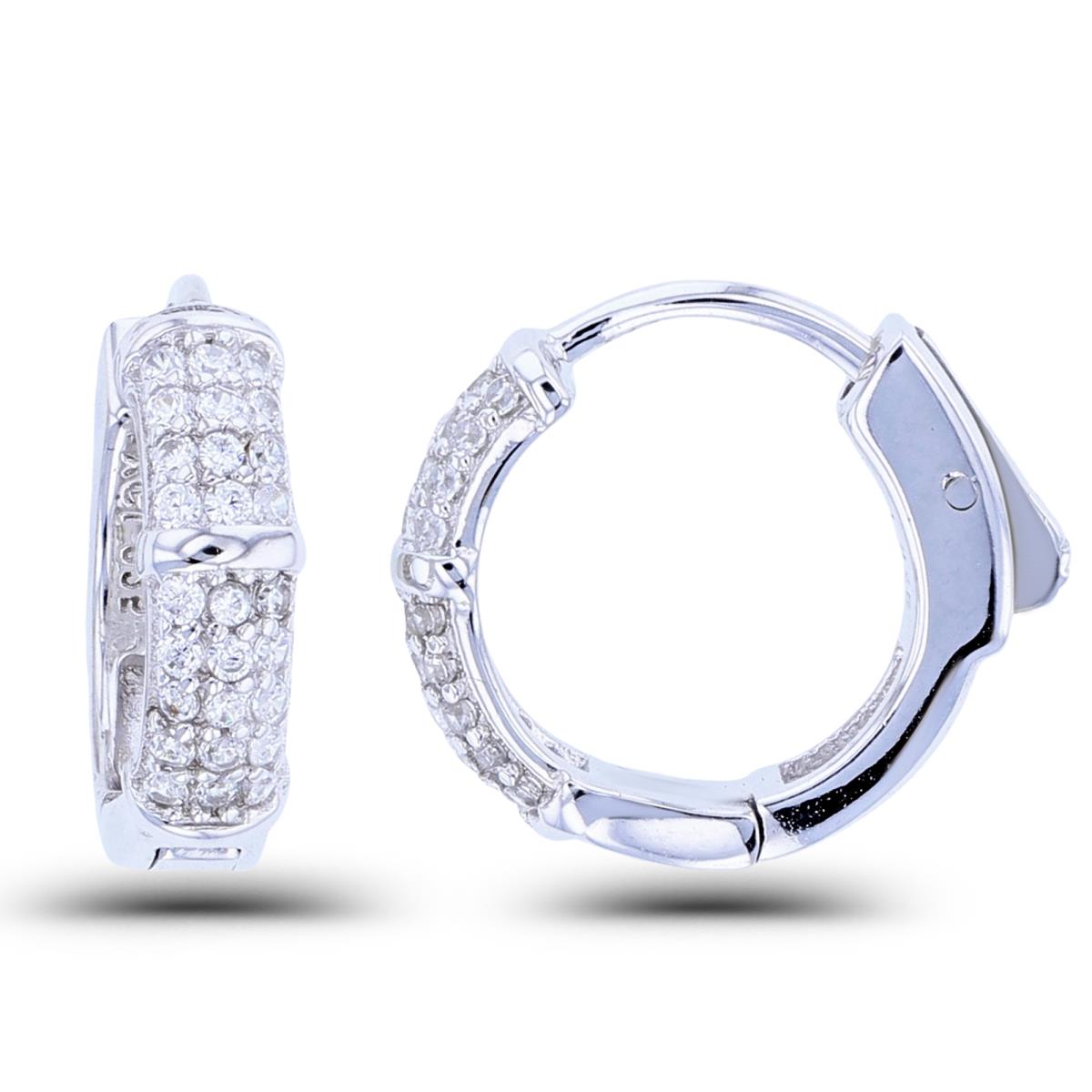 Sterling Silver Rhodium Rnd White CZ Puffy Pave Huggie Earrings