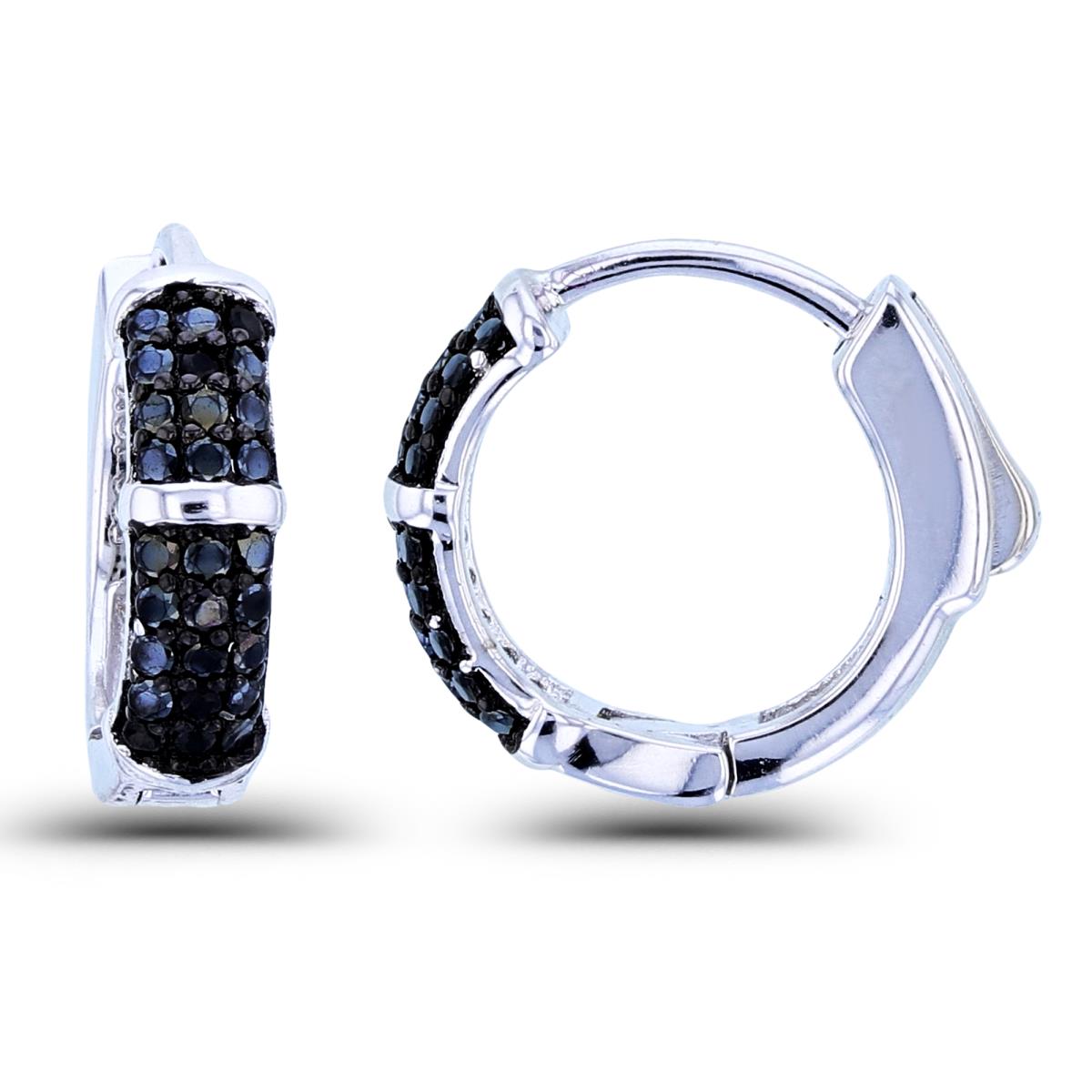 Sterling Silver Two-Tone Rnd Black Spinel Puffy Pave Huggie Earrings