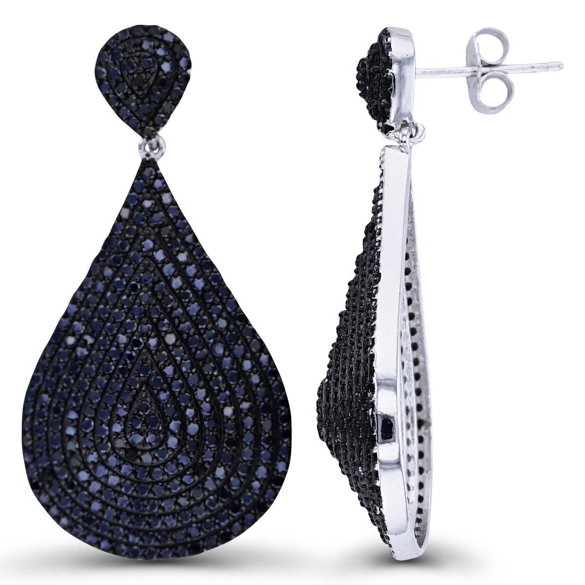 Sterling Silver Two-Tone Rnd Black Spinel Pave Puffy Circle Top & PS-Bottom Dangling Earrings