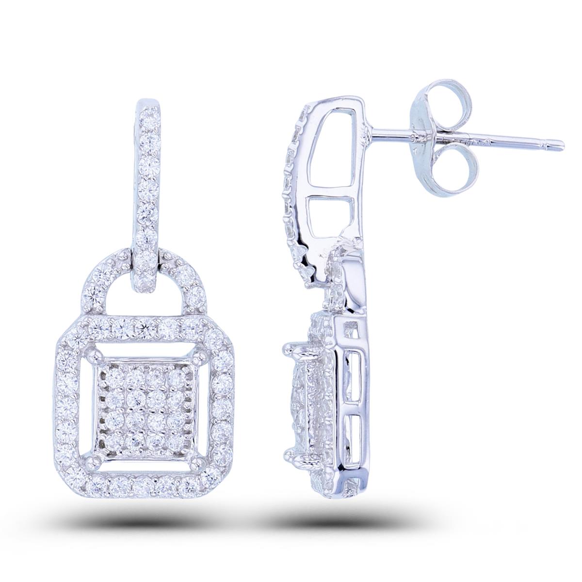 Sterling Silver Rhodium Rnd White CZ Pave Cushion Dangling Earrings