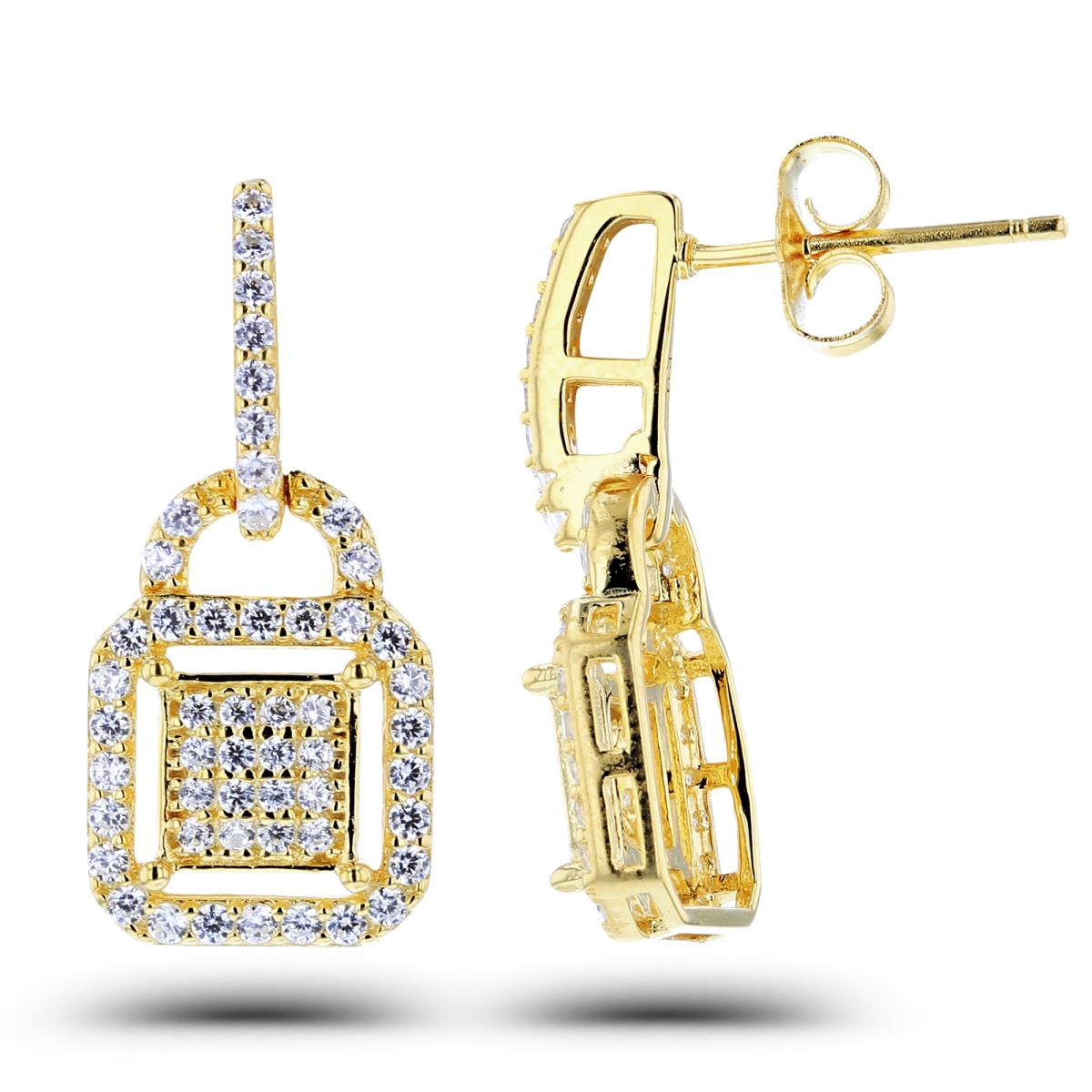 Sterling Silver Yellow Rnd White CZ Pave Cushion Dangling Earrings