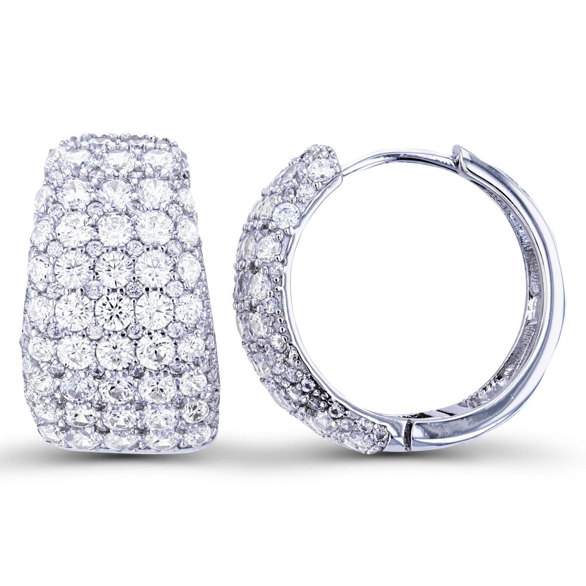 Sterling Silver Rhodium Rnd White CZ Pave Wide Trapezoid Hoop Earrings