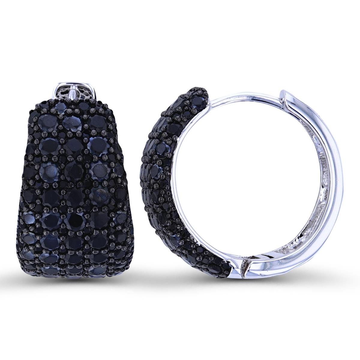 Sterling Silver Two-Tone Rnd Black Spinel Pave Wide Trapezoid Hoop Earrings