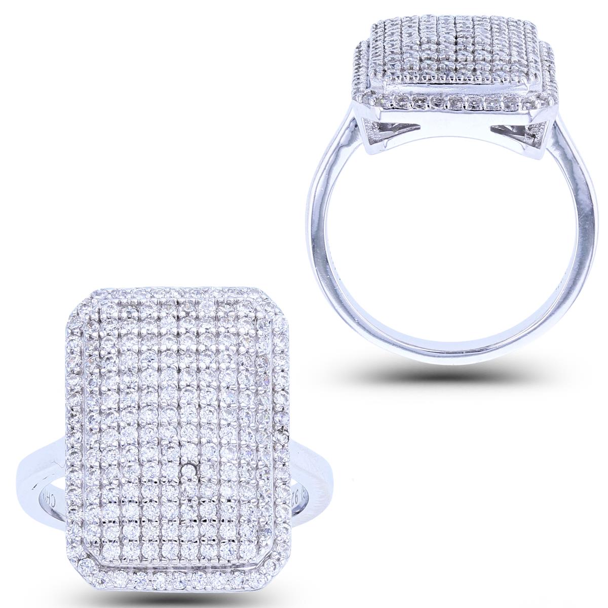 Sterling Silver Rhodium Rnd CZ White CZ Pave Dome Rectangle Ring