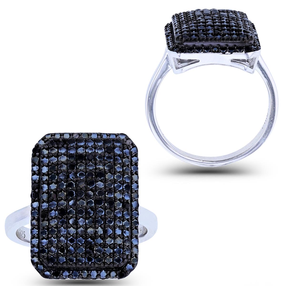 Sterling Silver Two-Tone Rnd Black Spinel Pave Dome Rectangle Ring