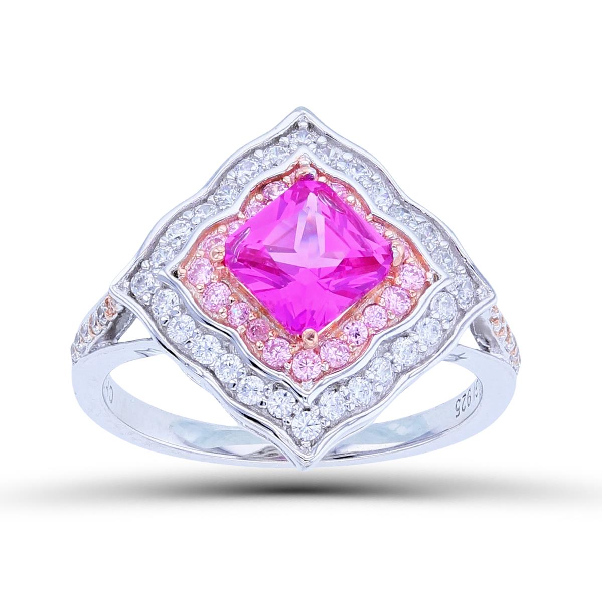 Sterling Silver Two-Tone 6mm Princess #3 Ruby CZ Center & Rnd White/Pink CZ Double Halo Square Ring