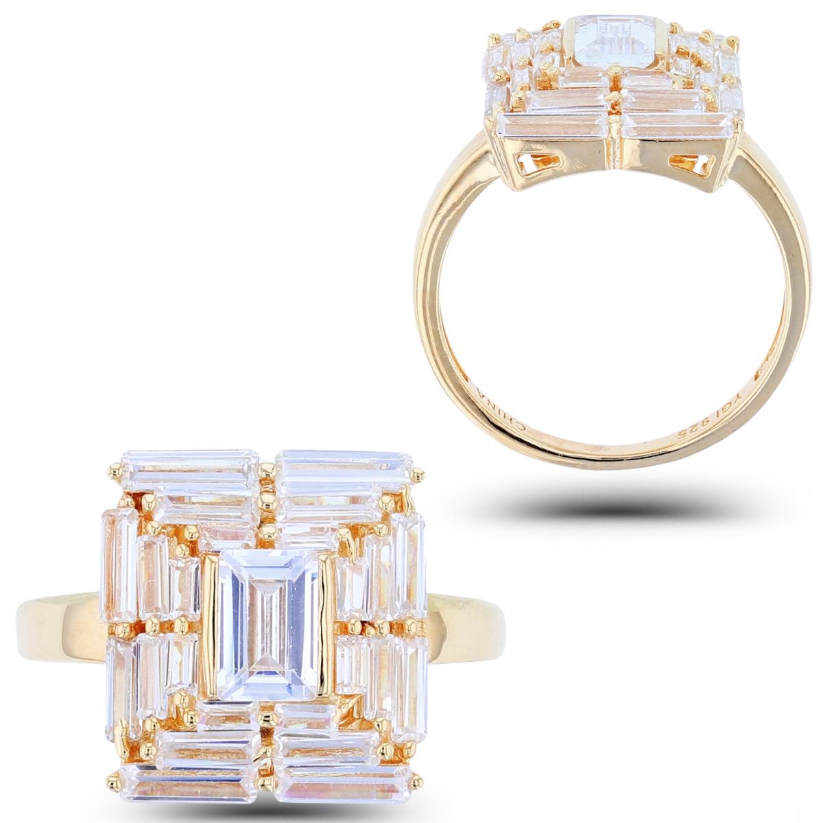 Sterling Silver Yellow 6x4mm EC White CZ Center & SB White CZ Dome Layered Square Ring