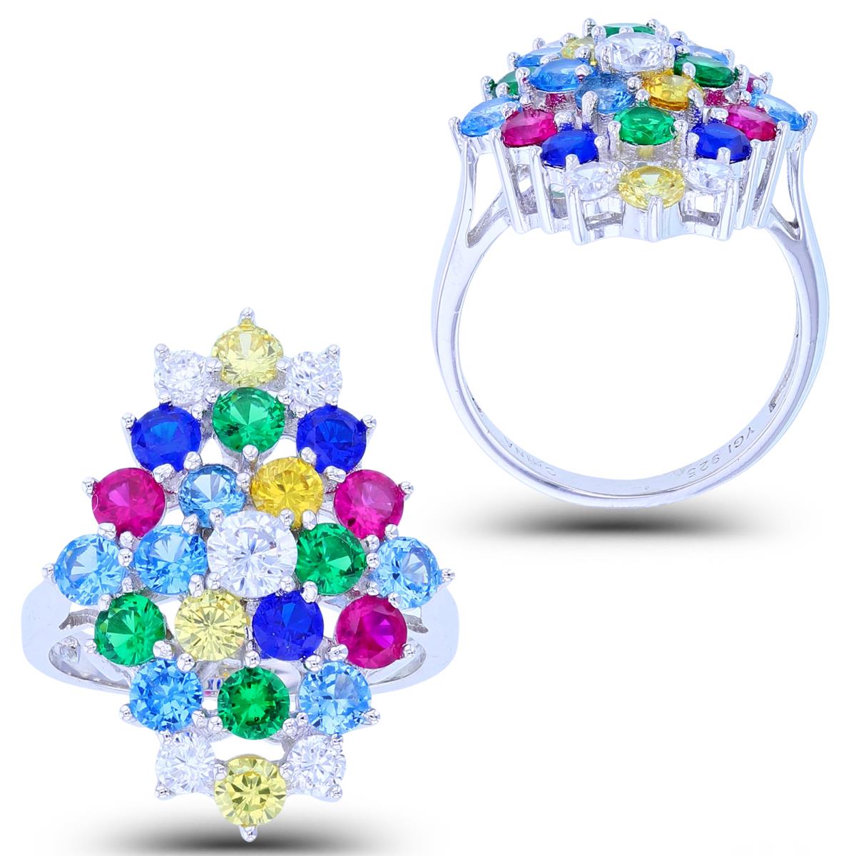 Sterling Silver Rhodium Rnd Multicolor CZ Prong Set Dome Rhomb Ring