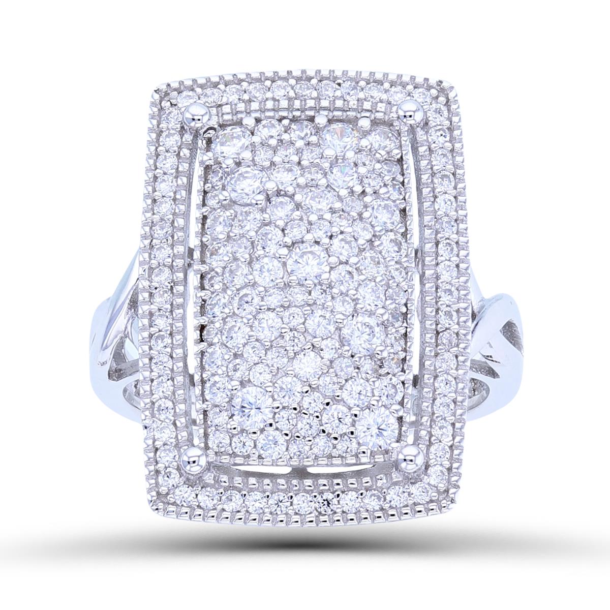 Sterling Silver Rhodium Rnd White CZ Pave Bead Framed Octagon Ring