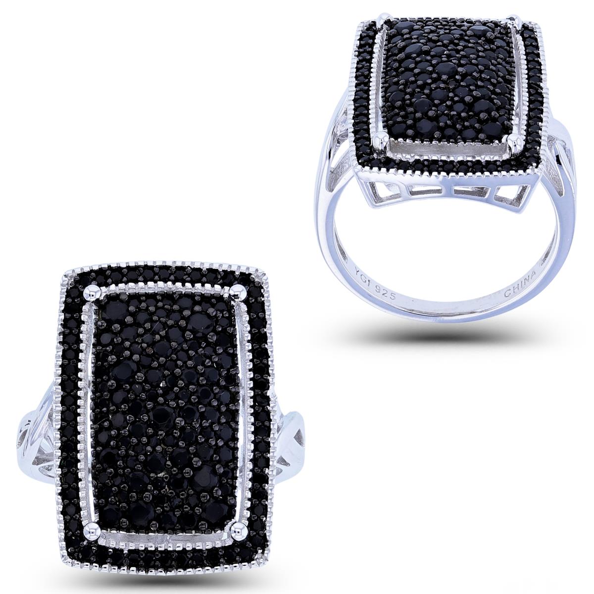 Sterling Silver Two-Tone Rnd Black Spinel Pave Bead Framed Octagon Ring