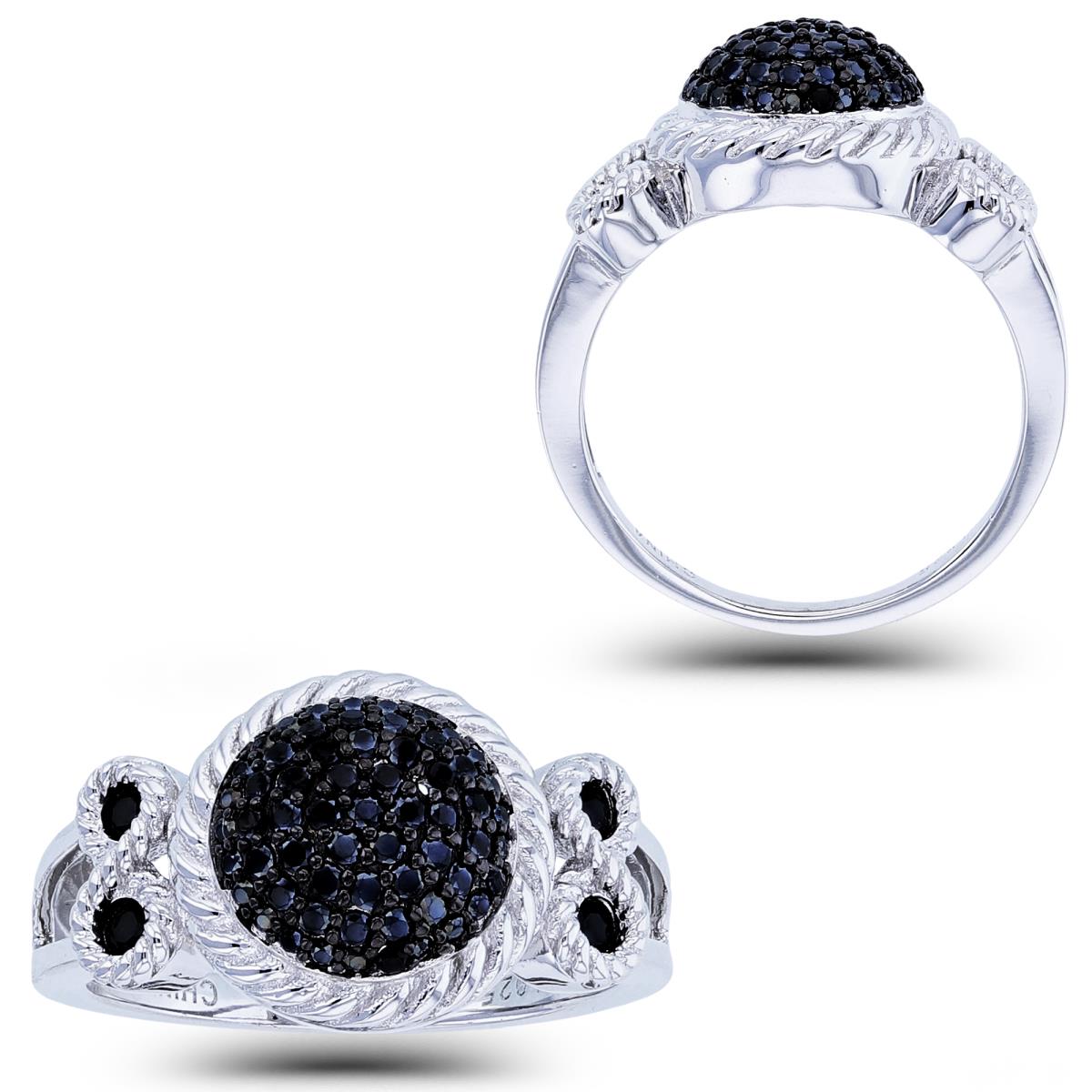 Sterling Silver Two-Tone Rnd Black Spinel Puffy Pave Circle/Infinity on Sides Rope Framed Ring