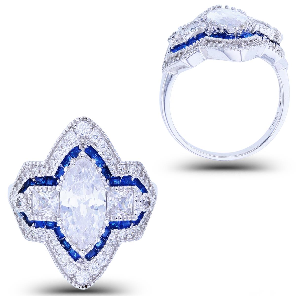 Sterling Silver Rhodium 12x6mm MQ Center & Princess/Rnd White CZ /SB #113 Blue Spinel Fashion Ring