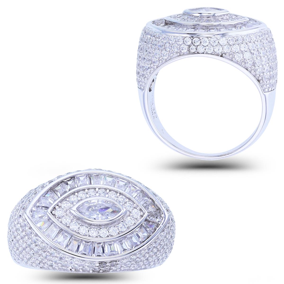 Sterling Silver Rhodium 6x3mm MQ Bezel Center & Alternate Rnd/TB White CZ MQ-Rows Pave Dome Ring
