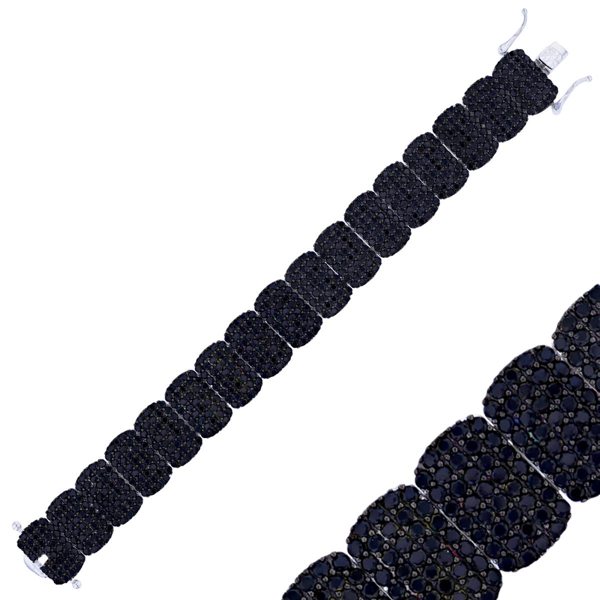 Sterling Silver Two-Tone Rnd Black Spinel Pave Puffy Cushion Linked 7"Bracelet