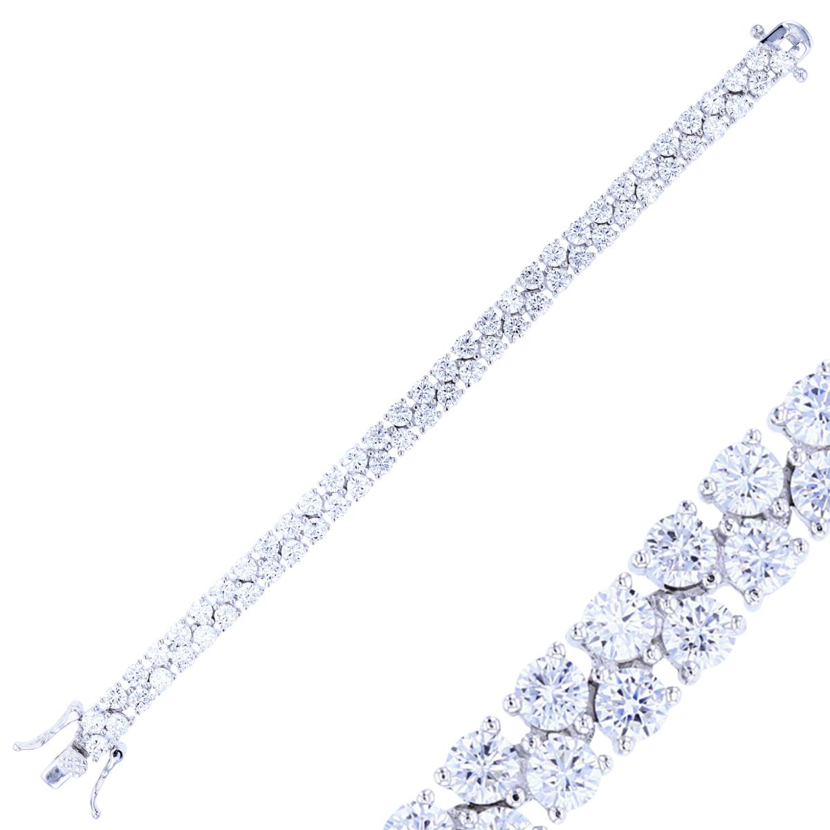 Sterling Silver Rhodium Rnd White CZ 3-Stone Link Flexible Fancy 7.5"Bracelet