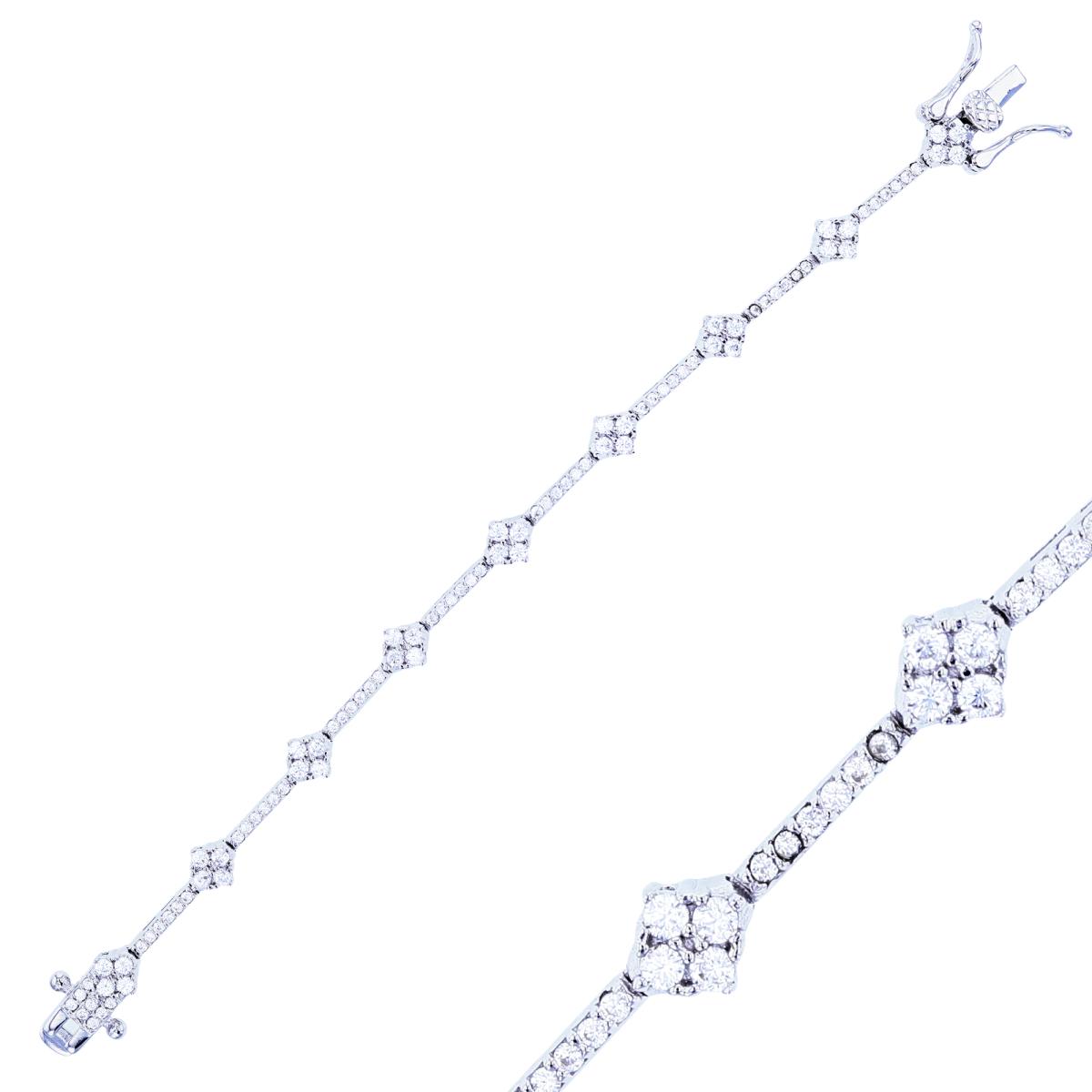 Sterling Silver Rhodium Alternate Rnd White CZ Bar & Flower Cluster Flexible 7.5"Bracelet