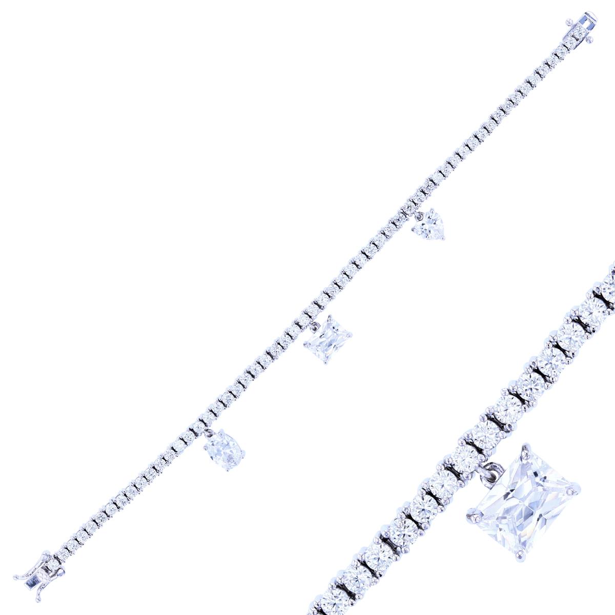 Sterling Silver Rhodium Rnd & 8x6mm Ov/ 8x6mm EC/ 6mm HS White CZ Drops Tennis Flexible 7.5"Bracelet