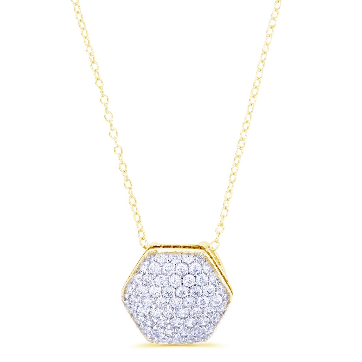 Sterling Silver Yellow Rnd White CZ Pave Pufy Hexagon 18+2"Necklace