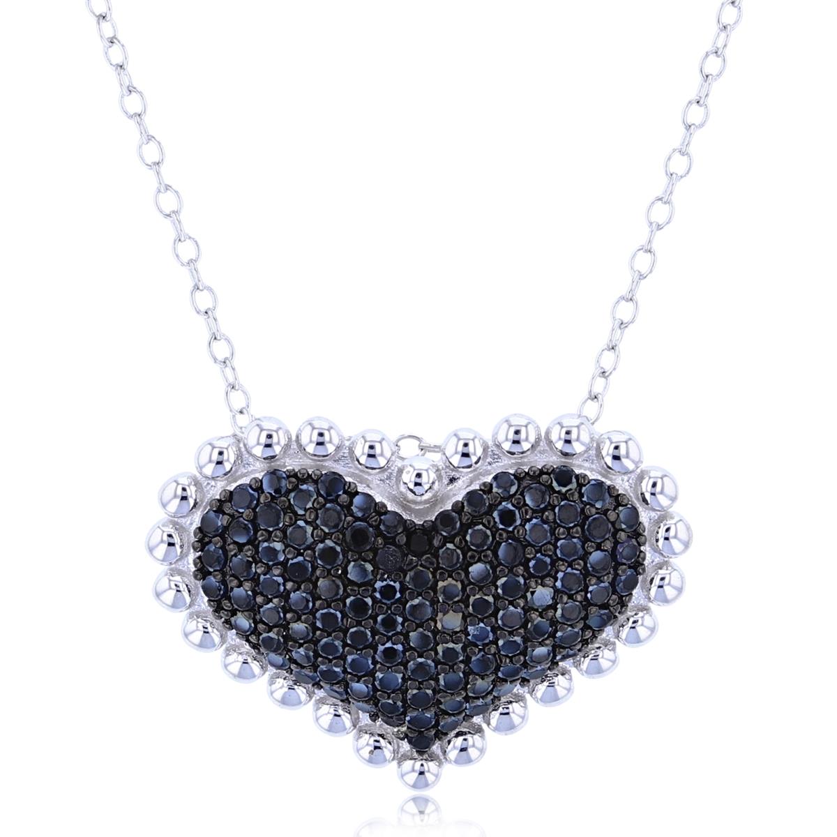 Sterling Silver Two-Tone Rnd Black Spinel Puffy Beaded Heart 18"Necklace