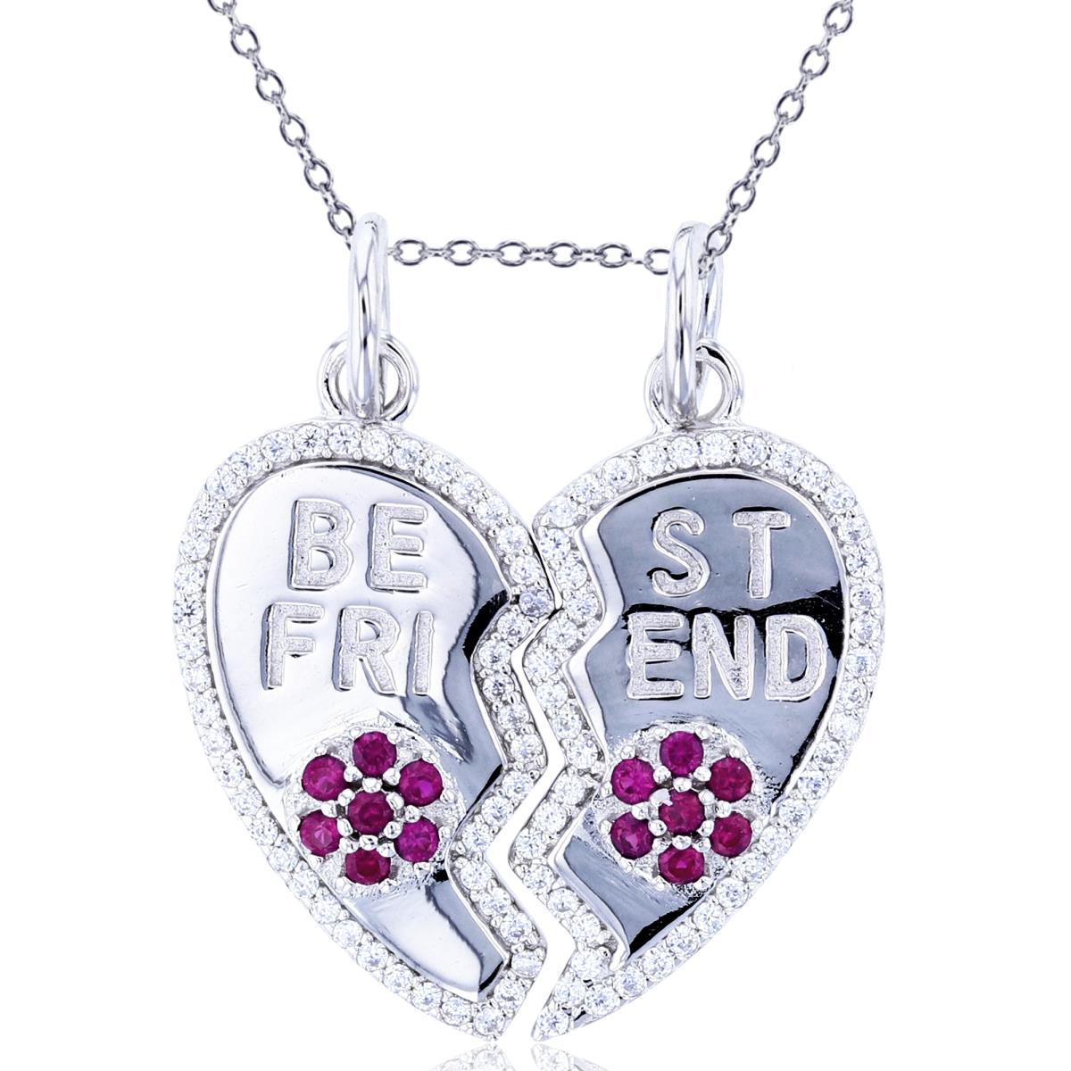 Sterling Silver Rhodium Rnd White & #8 Ruby CZ "Be Friend" Divided Heart 18" Necklace