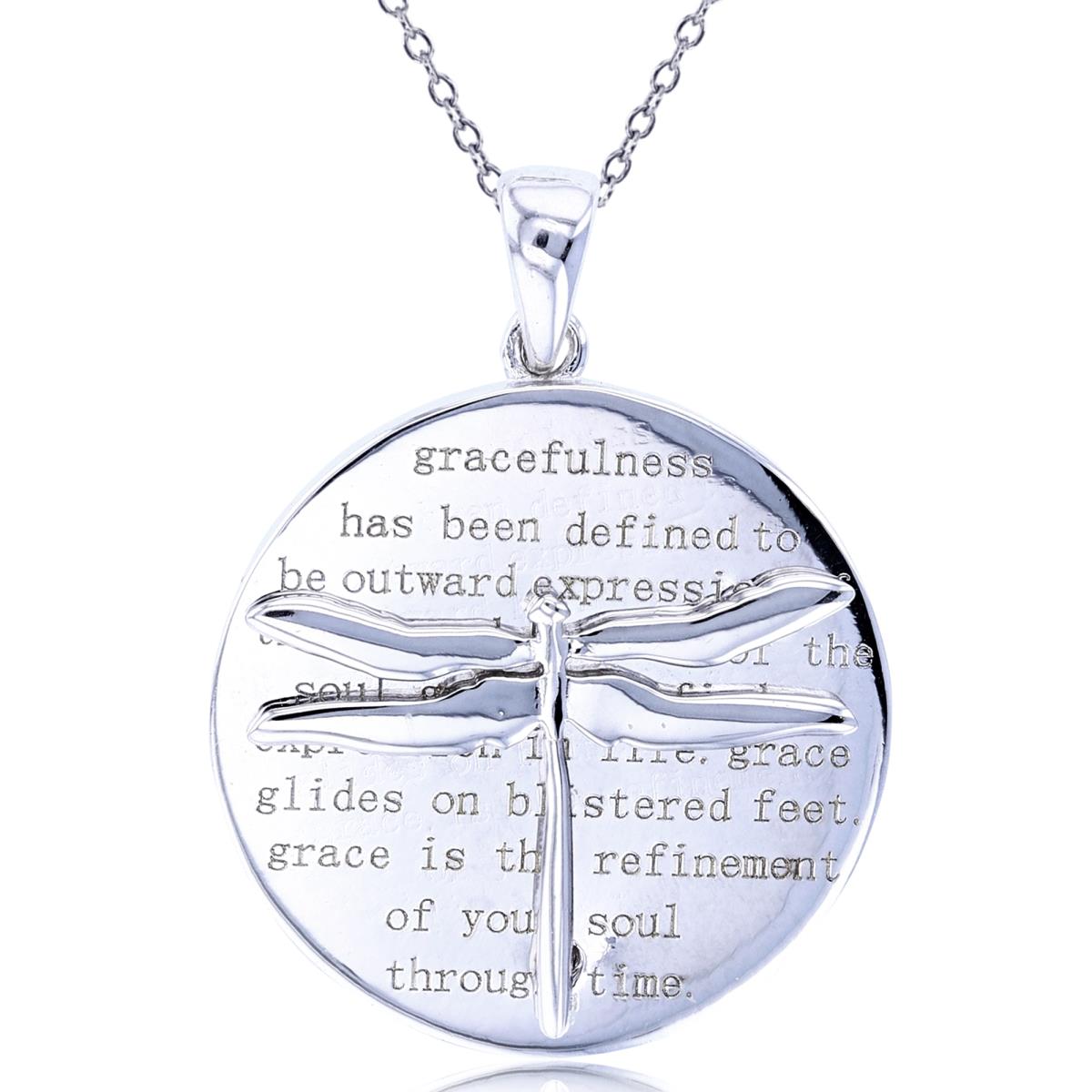 Sterling Silver Rhodium High Polish Dragonfly on Textured Circle Disk 18"Necklace