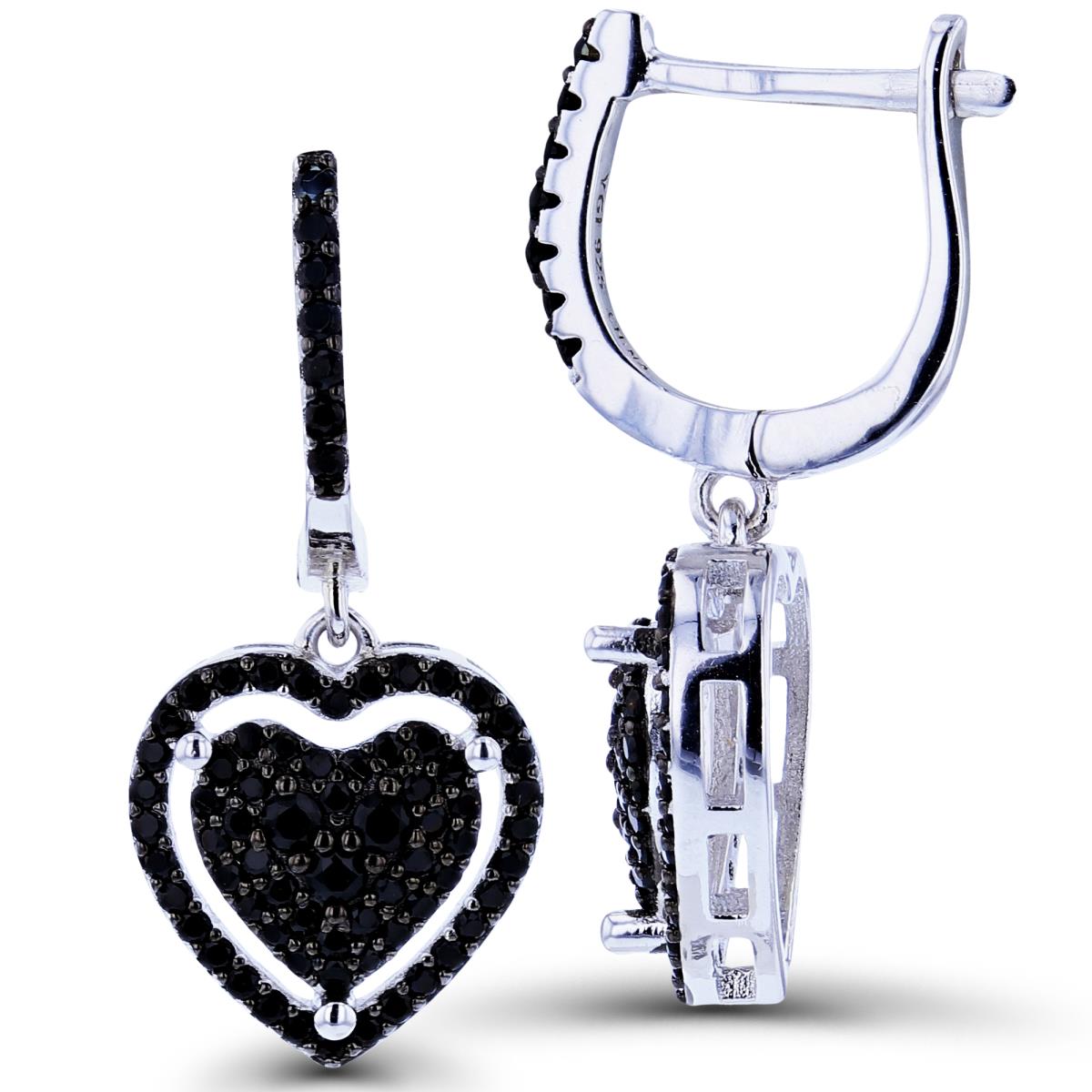 Sterling Silver Two-Tone Rnd Black Spinel Halo Puffy Heart Dangling on Huggie Top Earrings