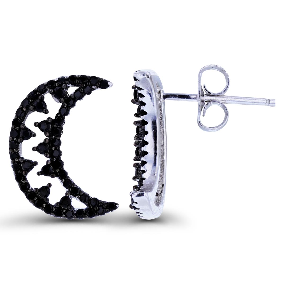 Sterling Silver Two-Tone Rnd Black CZ Scattered Moon Studs