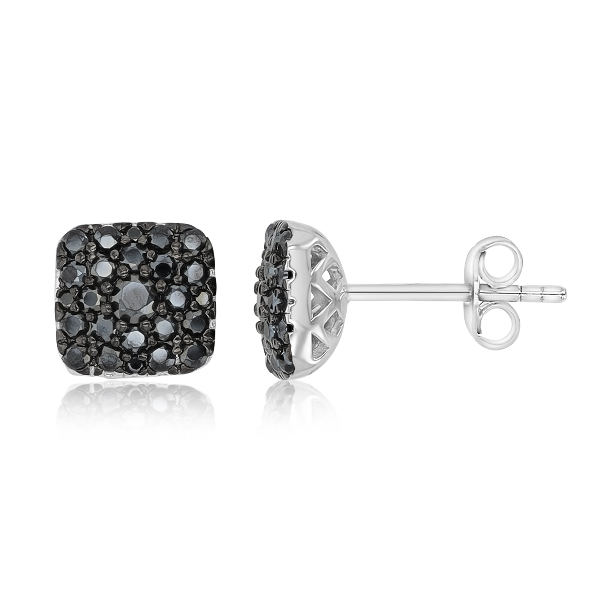 Sterling Silver Two-Tone Rnd Black Spinel Pave Cushion Studs