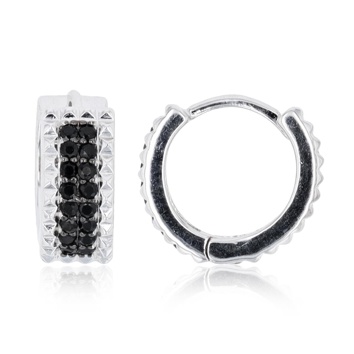 Sterling Silver Two-Tone Rnd Black Spinel Textured on Sides 13.5x6mm Puffy Huggie Earrings