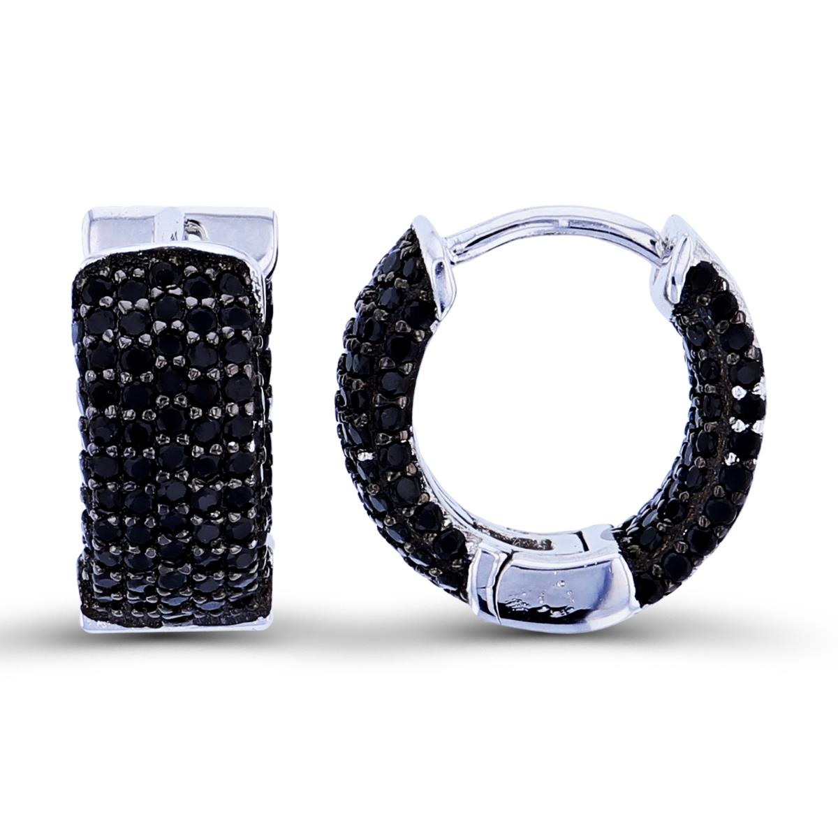 Sterling Silver Two-Tone Rnd Black Spinel Puffy Pave Huggie Earrings