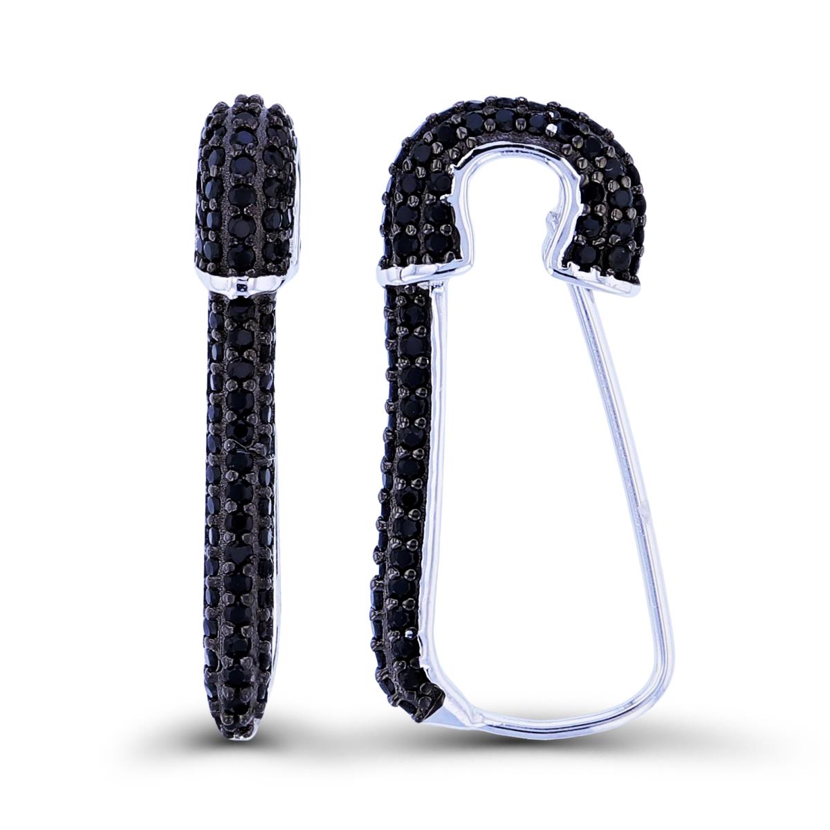 Sterling Silver Two-Tone Rnd Black Spinel "Safety Pin" Pave Earrings