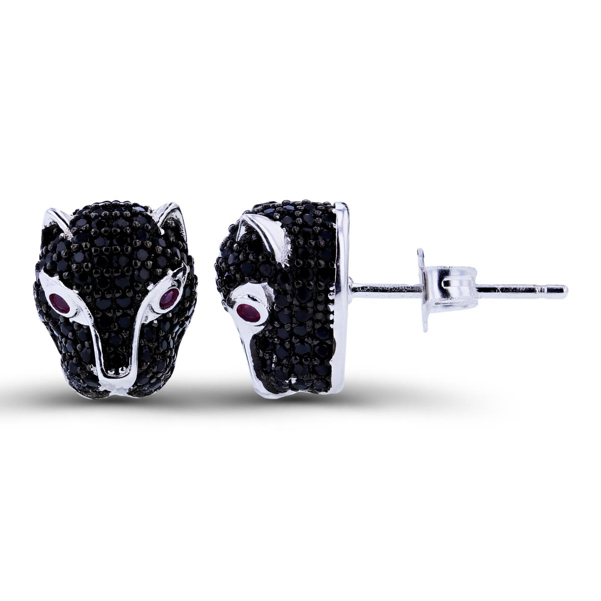 Sterling Silver Two-Tone Rnd Black Spinel & #8 Ruby Leopard Studs