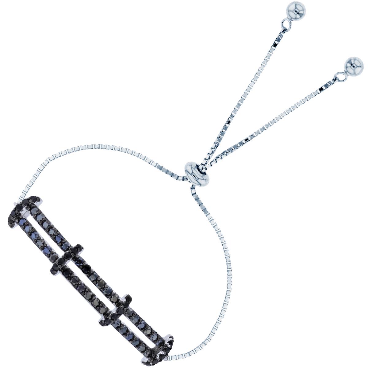 Sterling Silver Two-Tone Rnd Black Spinel Double Row Bar Adjustable Bolo Bracelet