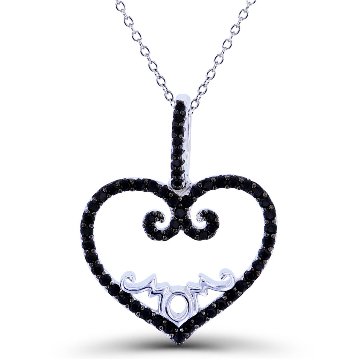 Sterling Silver Two-Tone Rnd Black Spinel Open Heart "Mom"18"Necklace