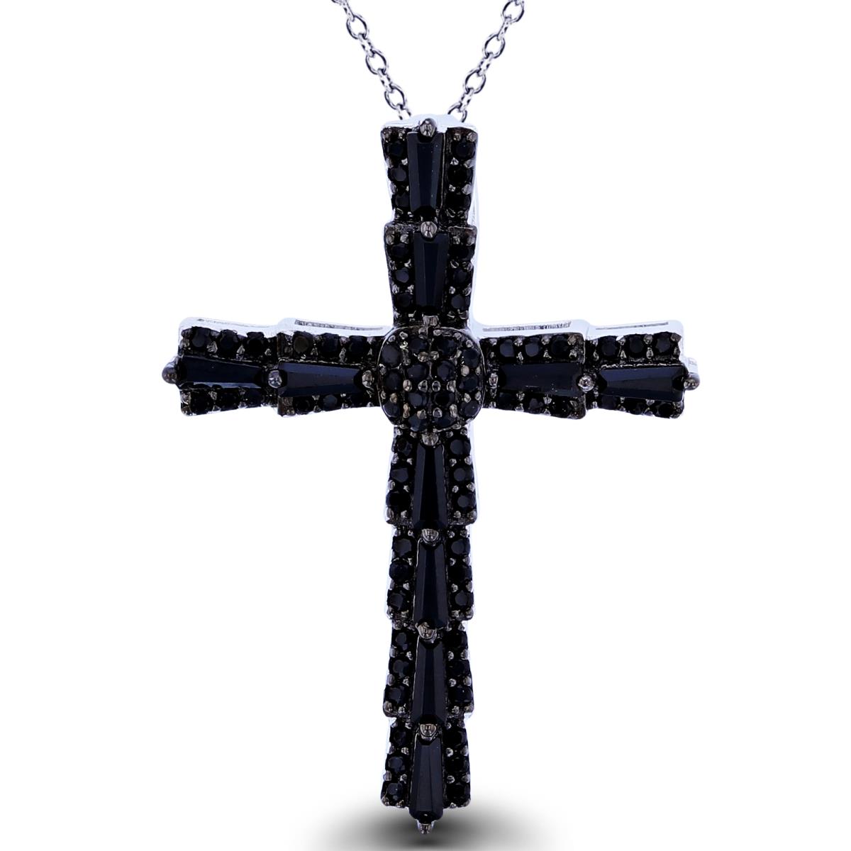 Sterling Silver Two-Tone Rnd Black Spinel Cross 18"Necklace