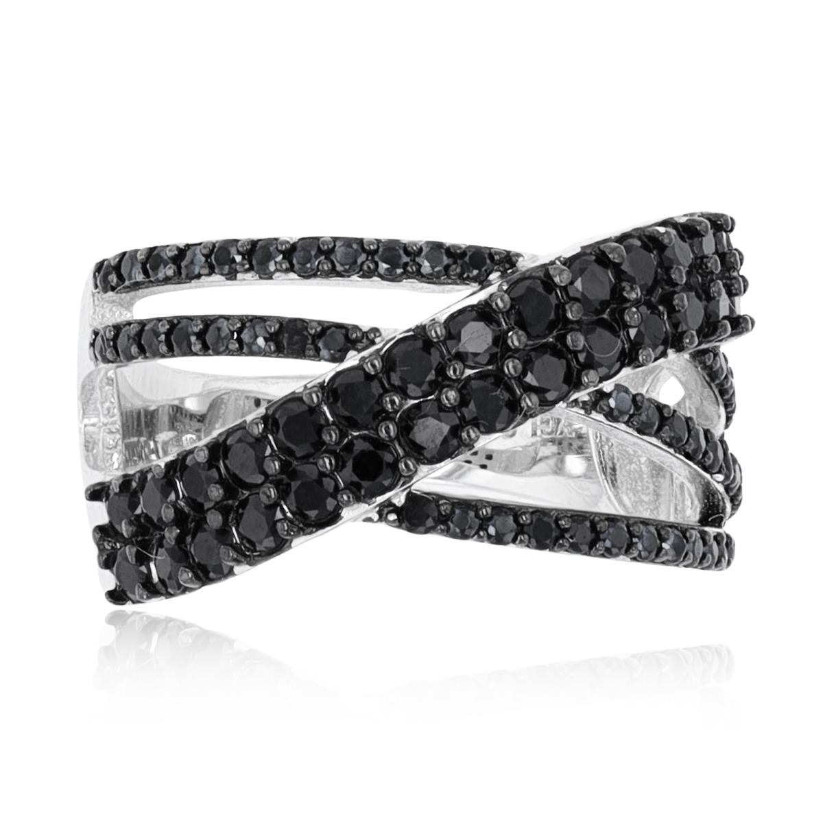 Sterling Silver Two-Tone Rnd Black Spinel Criss/Cross Rows Wide Band 