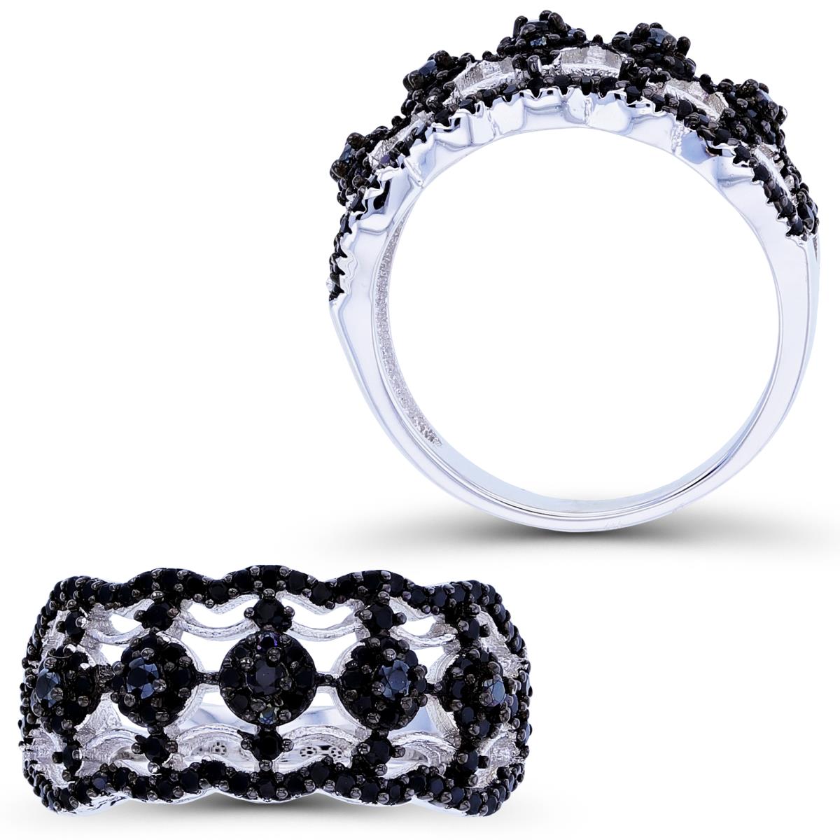 Sterling Silver Two-Tone Rnd Black Spinel Clusters Band