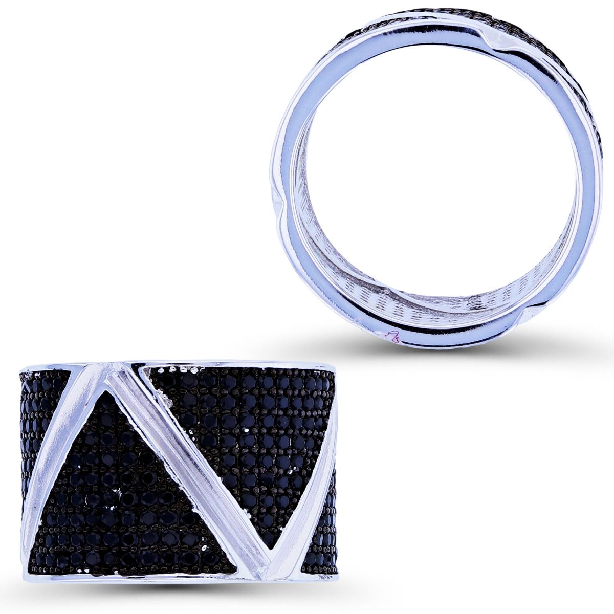 Sterling Silver Two-Tone Rnd Black Spinel Micropave Upside Down Trill Design Wide Band 